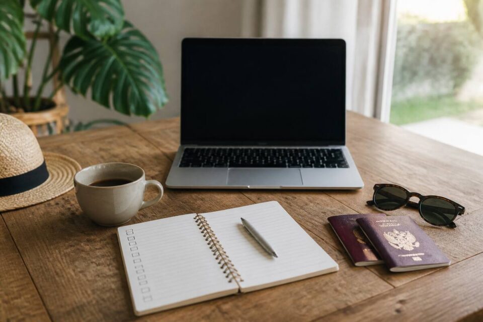 Vakantie plannen met laptop, notitieboek en reisdocumenten op tafel