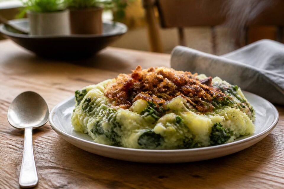 Bord met huisgemaakte stamppot met groene groente en krokante topping
