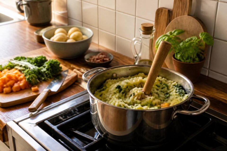 Pan stamppot met verse ingrediënten en een stamper in een huiselijke keuken