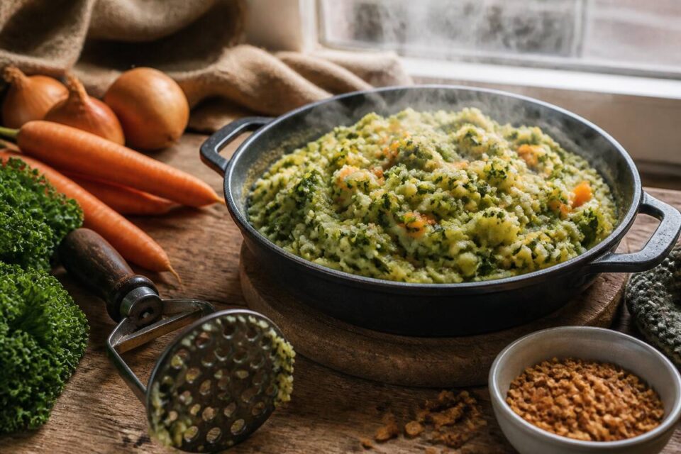 Pan met huisgemaakte stamppot en verse ingrediënten op een houten keukentafel