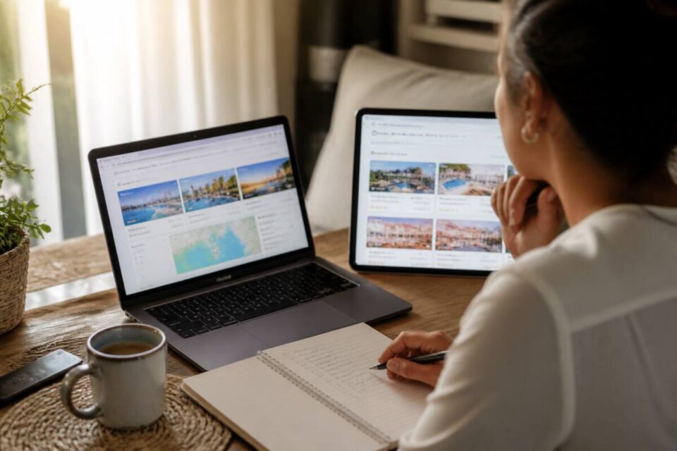 Iemand vergelijkt vakantieopties op een laptop met notitieboekje en koffie