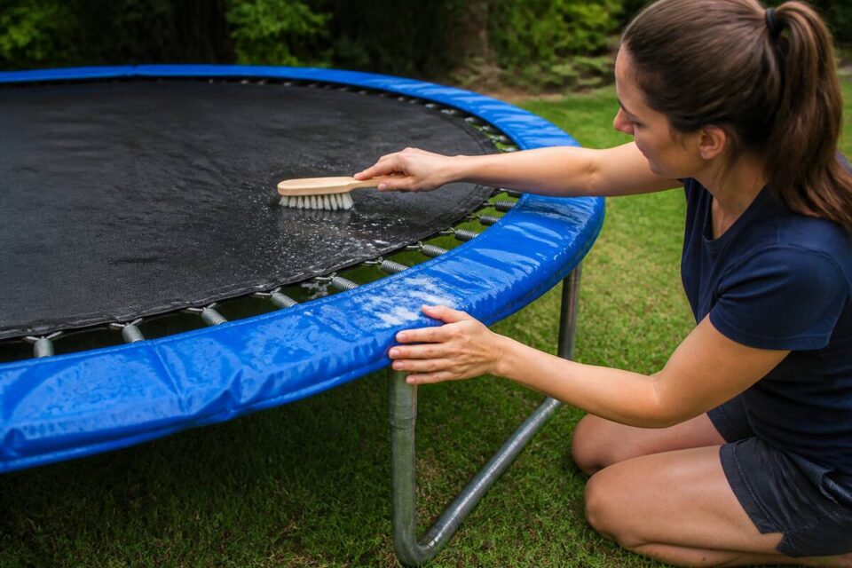 Iemand maakt de trampoline schoon met een zachte borstel, waarbij springmat, randkussen en frame zorgvuldig worden gereinigd