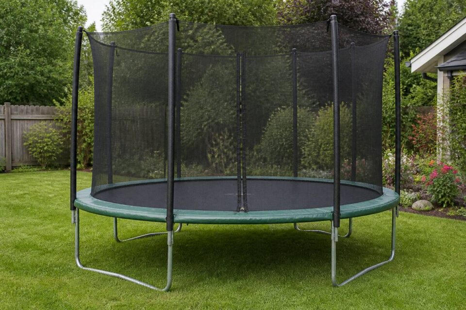 Trampoline in een achtertuin met veiligheidsnet en randkussen, op een vlakke ondergrond