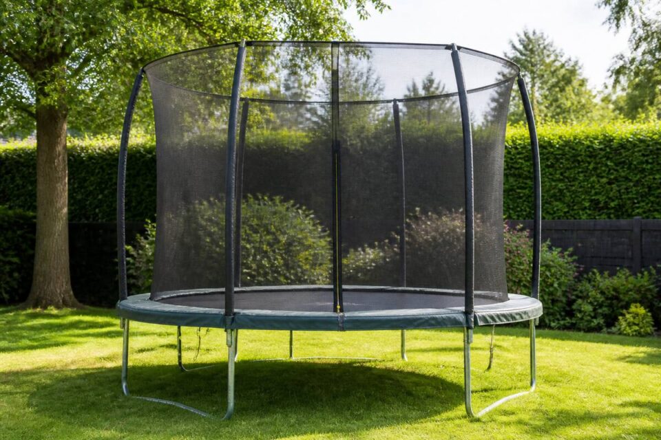 Trampoline in een tuin met zicht op de volledige opstelling