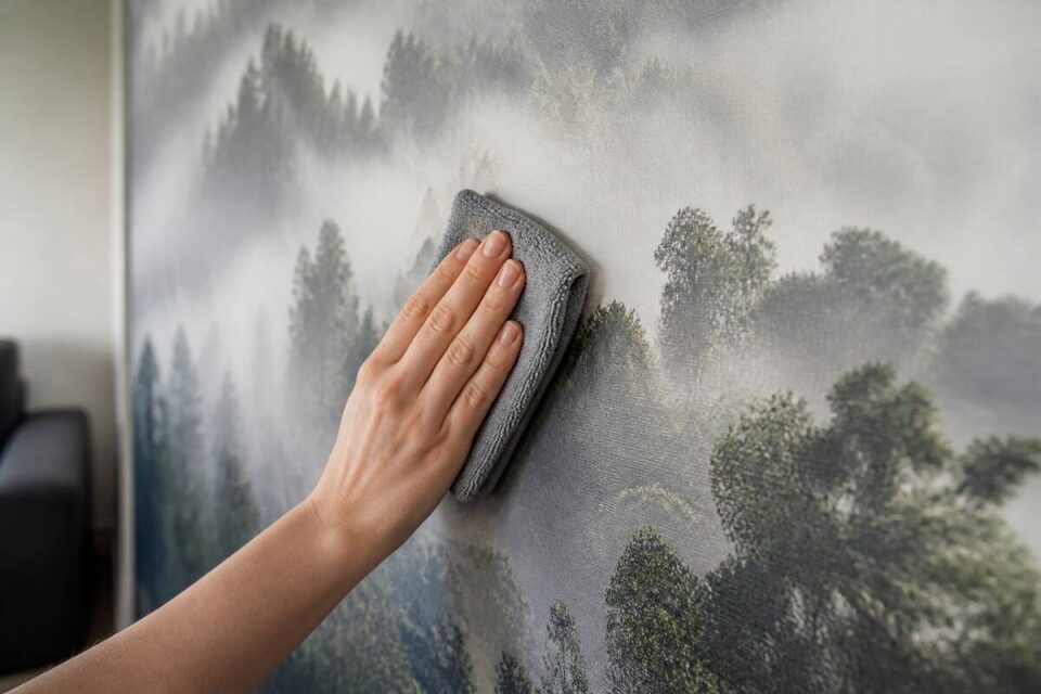 Iemand die fotobehang voorzichtig schoonmaakt met een zachte microvezeldoek in een lichte woonkamer